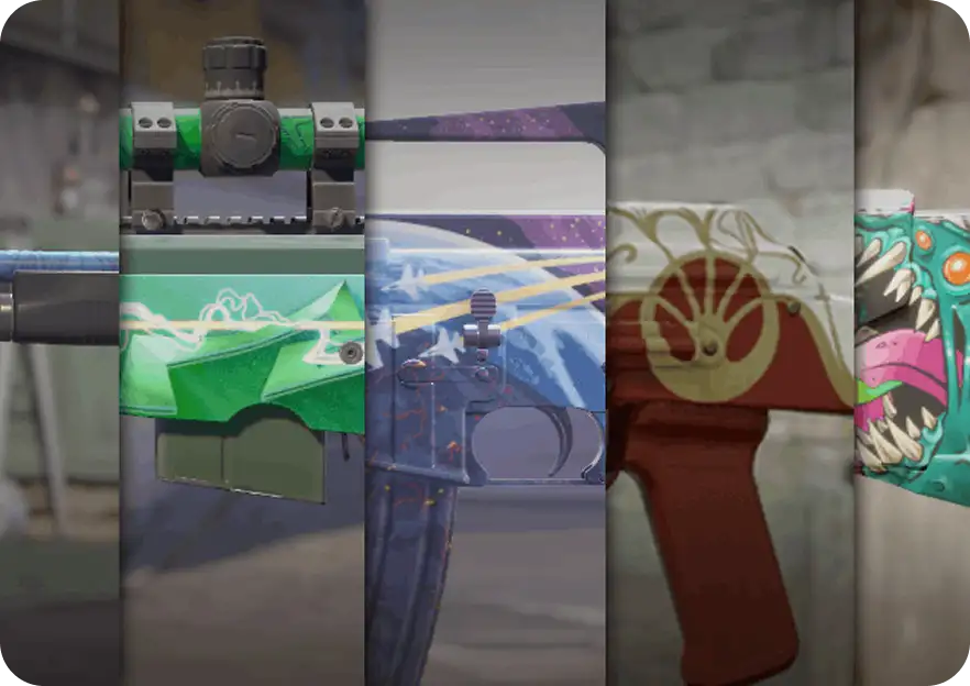 Een collage van vijf verschillende wapenskins uit een videogame, met levendige, artistieke ontwerpen. Elk deel heeft unieke kleuren en patronen
